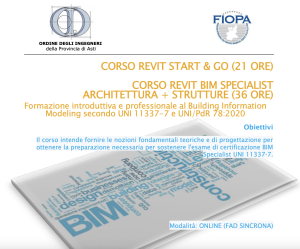 Dall’Ordine di Asti, con il patrocinio della FIOPA, il corso “REVIT BIM SPECIALIST – Architettura + Strutture”